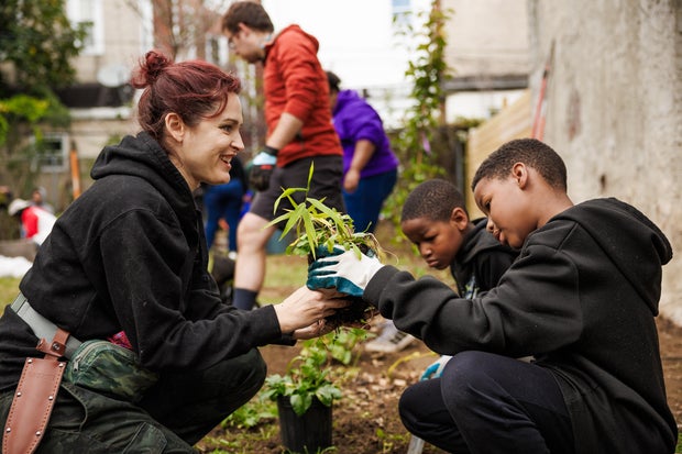 People work in a garden 