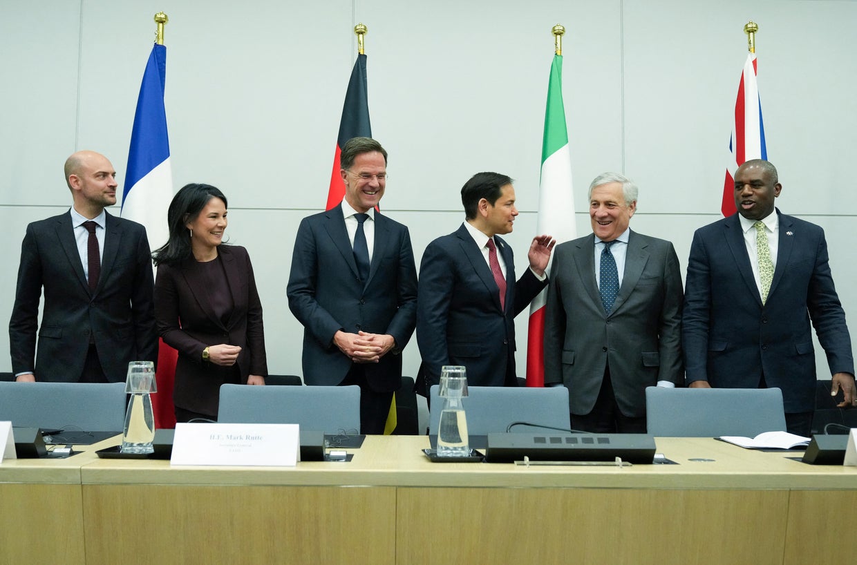 From left to right, France's Minister for Europe and Foreign Affairs Jean-Noel Barrot, German Minister for Foreign Affairs Annalena Baerbock, NATO Secretary General Mark Rutte, U.S. Secretary of State Marco Rubio, Italy's Foreign Affairs Minister Antonio Tajani and Britain's Foreign Secretary David Lammy pose ahead of talks on the sidelines of the meeting of NATO Foreign Ministers at NATO's headquarters in Brussels, Belgium