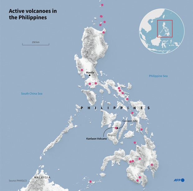 A map shows significant active volcanos in the Philippines, including Kanloan Volcano. 