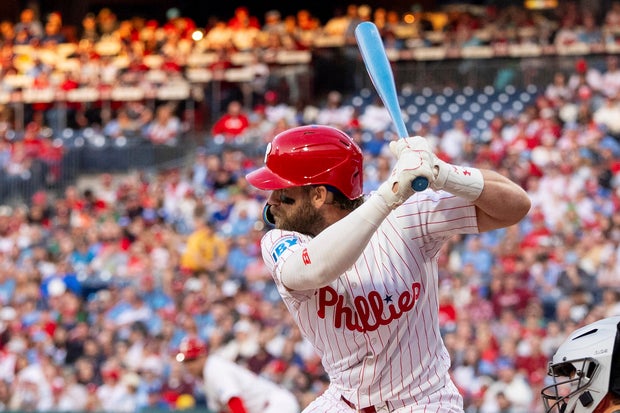 Bryce Harper uses a baby blue bat during a game at Citizens Bank Park