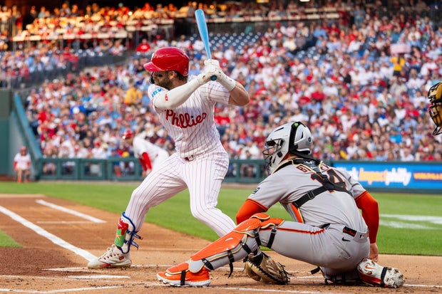 Bryce Harper uses a baby blue bat during a game at Citizens Bank Park