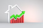 A 3D illustration of a graph, arrow and a house in finance 