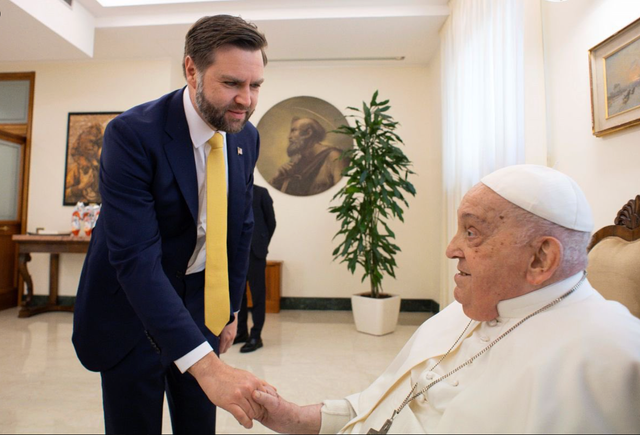 Vice President JD Vance shaking hands with Pope Francis on Sunday, April 20, 2025. 