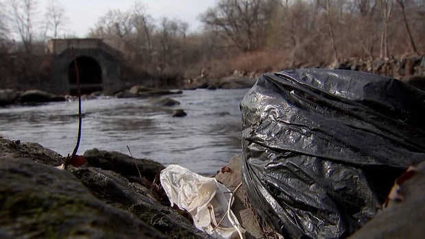 Trash builds up along the confluence of the Frankford and Tacony Creeks as Outfall T14 looms in the background. 