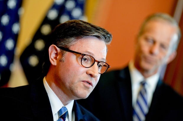 House Speaker Mike Johnson, a Republican from Louisiana, left, and Senate Majority Leader John Thune, a Republican from South Dakota, during a news conference at the U.S. Capitol in Washington, DC, US, on Thursday, April 10, 2025.