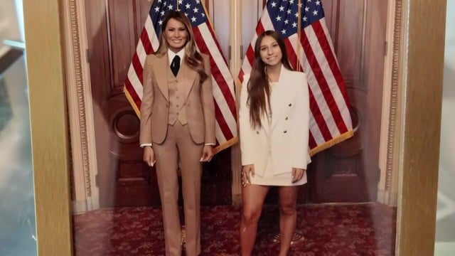 A framed photo of New Jersey teenager Francesca Mani with First Lady Melania Trump. 