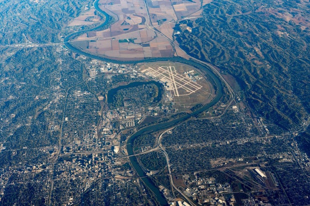 Aerial view of Omaha, Nebraska and Missouri River