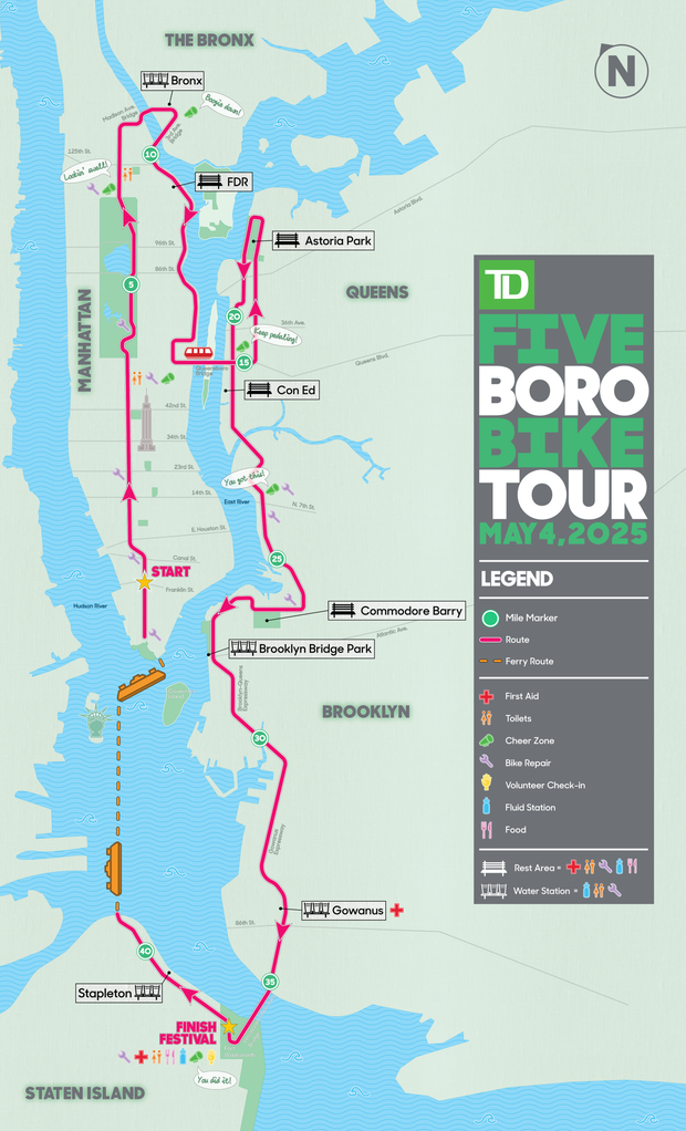 Route map for 2025 Five Boro Bike Tour 