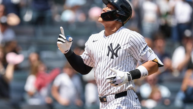 Aaron Judge #99 of the New York Yankees celebrates after hitting a solo home run during the first inning of the game against the Tampa Bay Rays at Yankee Stadium on May 03, 2025 in New York City. 