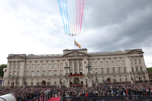 The Royal Family Watch Military Procession To Mark The 80th Anniversary Of VE Day