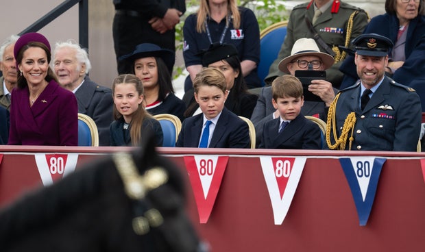 The Royal Family Watch Military Procession To Mark The 80th Anniversary Of VE Day