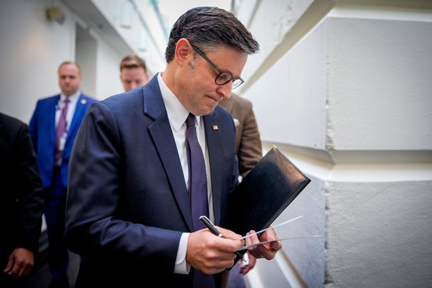 Speaker of the House Rep. Mike Johnson arrives for a House Republican conference meeting at the U.S. Capitol on May 6, 2025 in Washington, DC.