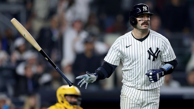 Austin Wells #28 of the New York Yankees reacts after he hit a grand slam in the seventh inning against the San Diego Padres at Yankee Stadium on May 06, 2025 in the Bronx borough of New York City. 