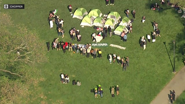 An aerial view of several dozen pro-Palestinian protesters near eight tents set up on the Brooklyn College quad. 