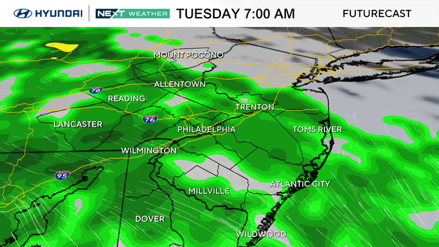 A weather map showing rain expected across the region Tuesday at 7 a.m. 