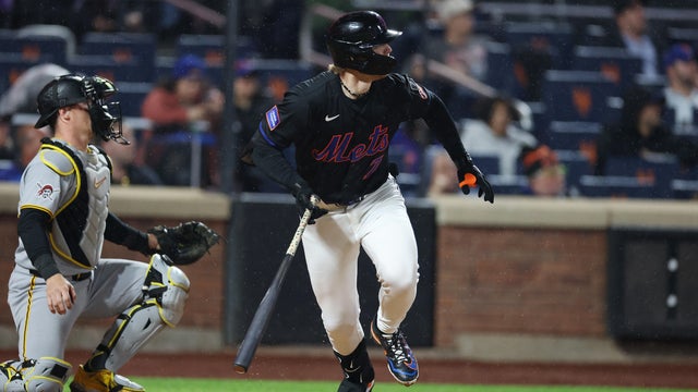 Brett Baty #7 of the New York Mets hits a home run in the seventh inning against the Pittsburgh Pirates during their game at Citi Field on May 13, 2025 in New York City. 