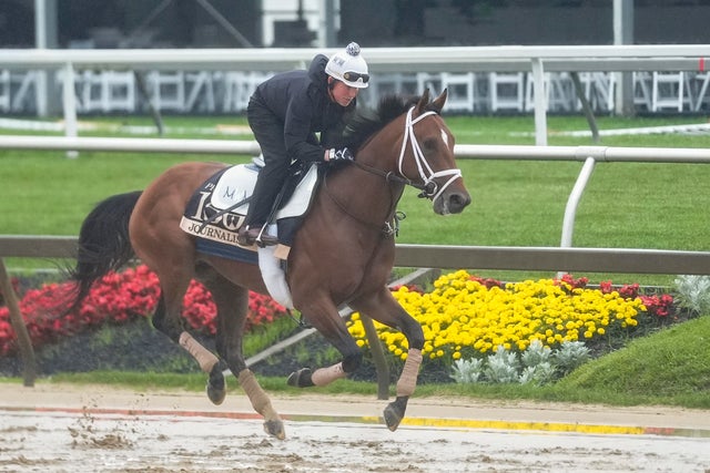 Preakness Stakes entry Journalism breezes during morning workouts at Pimlico Race Course in Baltimore, May 14, 2025.