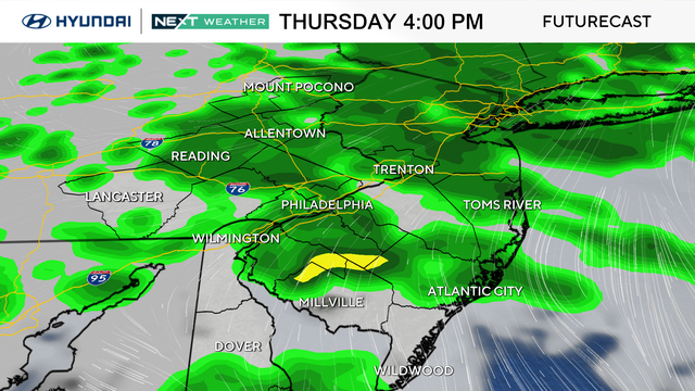 Weather map shows heavy rain across much of the Philly region Thursday at 4 p.m. 
