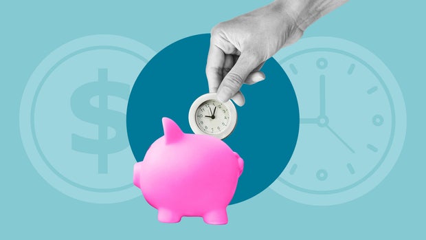 Time to earn. Time is money. Time Management. The hand is putting the clock as coin to piggy bank