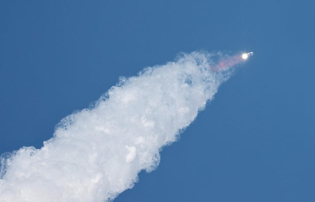 SpaceX's next-generation Starship spacecraft atop its Super Heavy booster is prepared for launch 