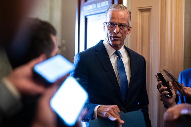 Senate Majority Leader John Thune, a Republican from South Dakota, speaks to members of the media at the U.S. Capitol in Washington, DC, on Monday, June 2, 2025. 