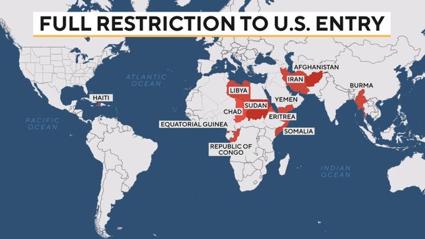 Map shows 12 countries named in President Trump's travel ban