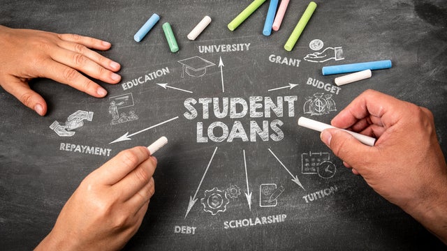 Student Loans Illustration with icons, arrows and keywords on a black chalkboard background 