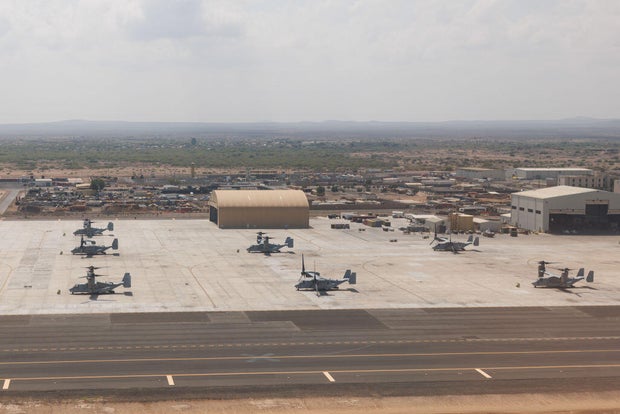 U.S. military aircraft at Camp Lemonnier in Djibouti on Jan. 21, 2024. 