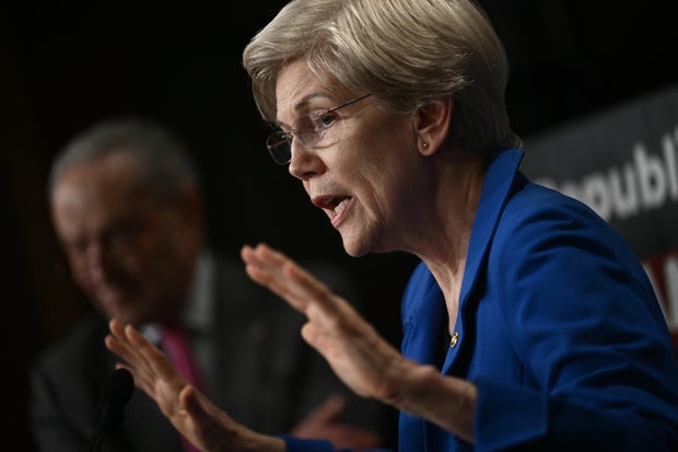 Sen. Elizabeth Warren speaks during a press conference on the Republican budget, on Capitol Hill in Washington, DC, on April 3, 2025.