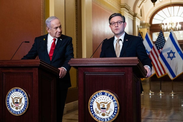 Israeli Prime Minister Benjamin Netanyahu, left, and and Speaker of the House Mike Johnson address the media after a meeting in the U.S. Capitol on Friday, February 7, 2025.