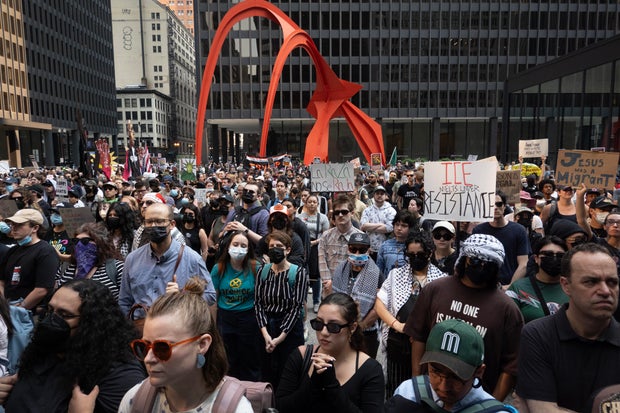 Protesters Gather In Chicago To Denounce ICE Immigration Raids 