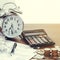 Tax-filling concept .Tax form 1040 with pen, clock,coins and calculator on desk.Tax concept 