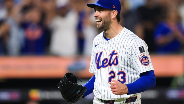 David Peterson #23 of the New York Mets reacts after recording the final out of a complete game shutout defeating the Washington Nationals 5-0 in the game at Citi Field on June 11, 2025 in New York City. 