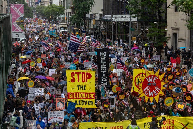 Thousands of New Yorkers march in opposition of Donald Trump's presidency on the day of the military parade celebrating the 250th anniversary of the U.S. Army on June 14, 2025 in New York, New York. 