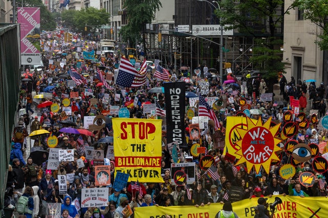 Thousands of New Yorkers march in opposition of Donald Trump's presidency on the day of the military parade celebrating the 250th anniversary of the U.S. Army on June 14, 2025 in New York, New York. 