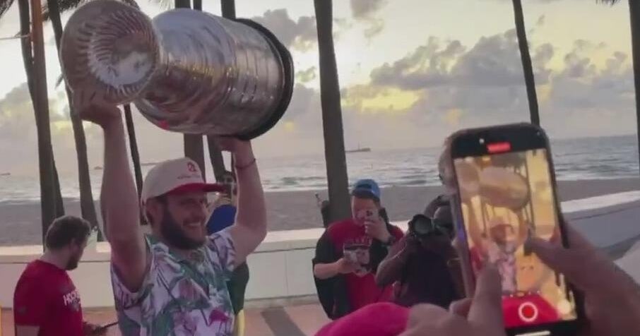 Florida Panthers captain Aleksander Barkov arrives at Fort Lauderdale’s Elbo Room with Stanley Cup
