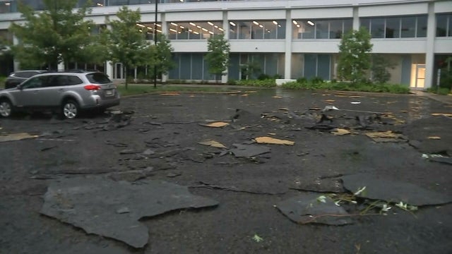 Pieces of the roof are in the parking lot of the office building that houses WMMR in Bala Cynwyd 