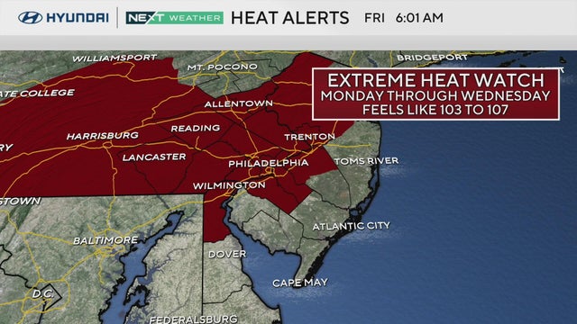 A map showing areas of the Philadelphia region under an extreme heat watch from Monday, June 23 to Wednesday, June 25 