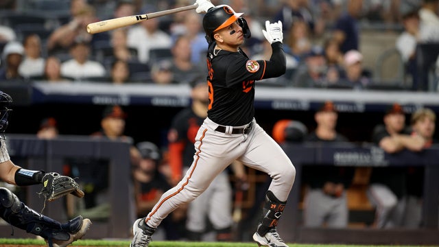 Ramon Urias #29 of the Baltimore Orioles follows through on his eighth inning home run against the New York Yankees at Yankee Stadium on June 20, 2025 in New York City. 