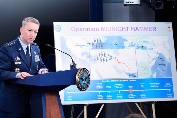Joint Chiefs Chairman Gen. Dan Caine speaks during a news conference at the Pentagon in Washington, Sunday, June 22, 2025. 