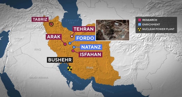 A map showing Iran's nuclear facilities 