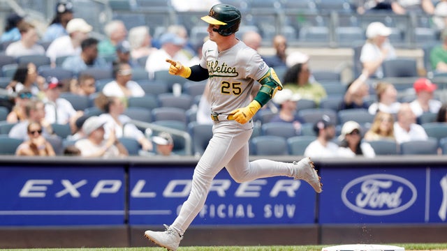 Brent Rooker #25 of the Athletics runs the bases after his fourth inning home run against the New York Yankees at Yankee Stadium on June 28, 2025 in New York City. 