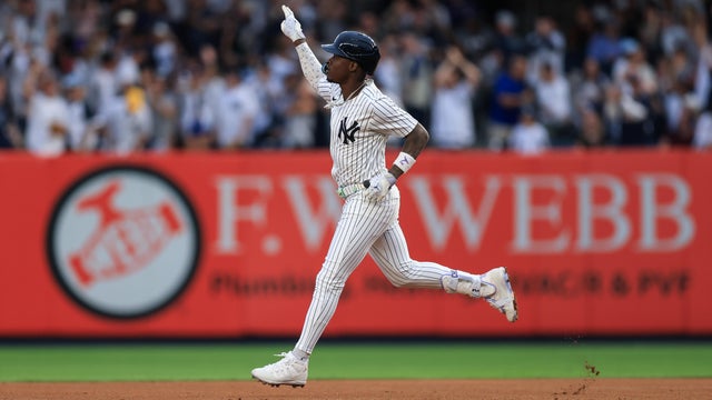 Jazz Chisholm Jr. #13 of the New York Yankees reacts as he rounds the bases after hitting a solo home run during the second inning of the game against the Athletics at Yankee Stadium on June 27, 2025 in New York City. 