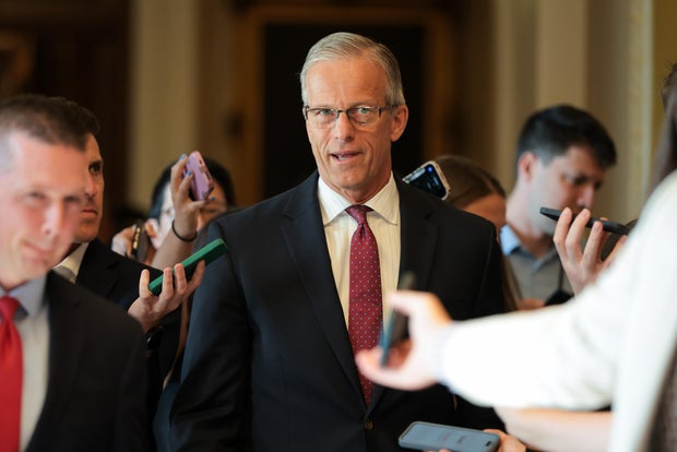 Senate Majority Leader John Thune speaks to reporters after leaving the Senate Chambers in the U.S. Capitol on June 23, 2025 in Washington, DC. 
