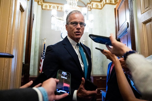Senate Majority Leader John Thune speaks with reporters following a Senate Republican luncheon, in the U.S. Capitol on June 27, 2025 in Washington, DC. 