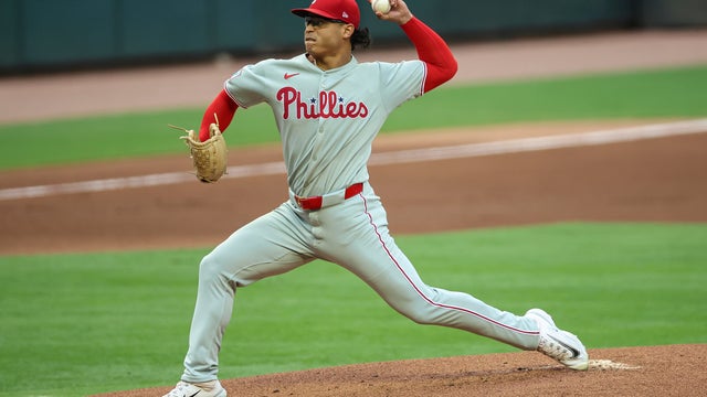 Philadelphia Phillies pitcher Jesús Luzardo delivers in the first inning of a baseball game against the Atlanta Braves 