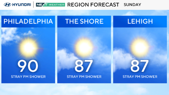 Forecast for Sunday, high of 90 in Philly, 87 at the shore, 87 in the Lehigh Valley, stray afternoon or evening showers everywhere 