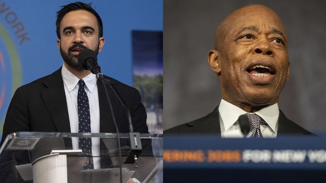 Left: Democratic mayoral candidate Zohran Mamdani speaks during the National Action Network's Saturday action rally at House of Justice in Harlem, Saturday, June 28, 2025, in New York.; Right: New York City Mayor Eric Adams speaks during a press conferenc 