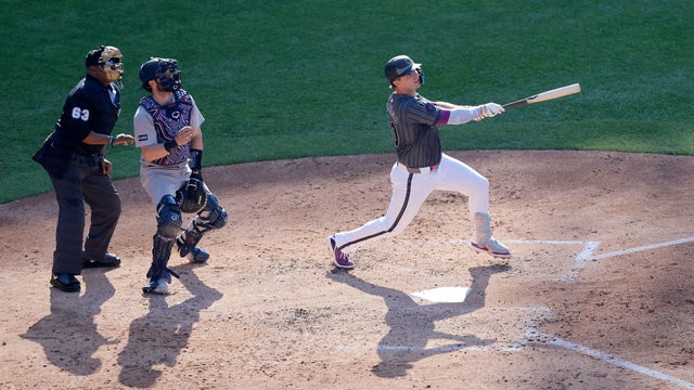 Pete Alonso #20 of the New York Mets follows through on his fifth inning two run home run against the New York Yankees at Citi Field on July 05, 2025 in New York City. 