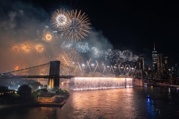 Fireworks light up the sky above the Brooklyn Bridge during Macy's 4th of July fireworks show on July 4, 2025 in New York City. 